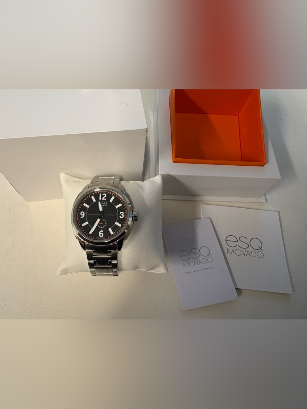 ESQ Movado Stainless Steel Men's Watch - Black Dial, Orange accents